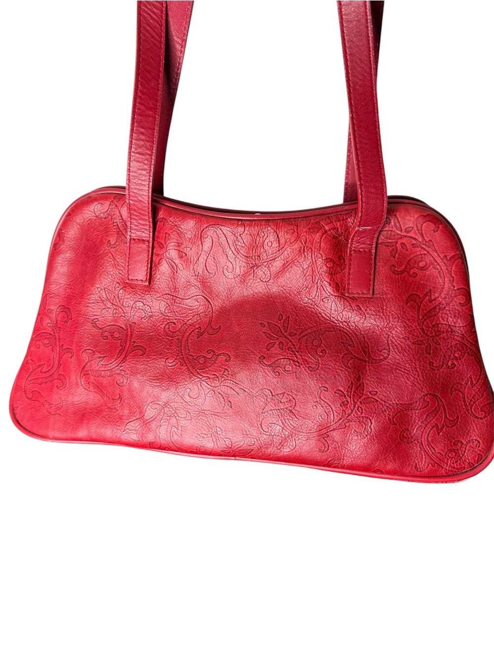 DANIER Vintage Red Leather Kisslock Shoulder Bag Purse Filagree Pattern - Picture 5 of 16